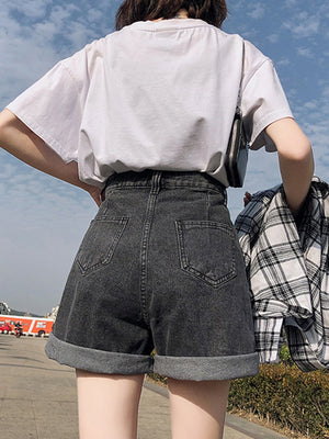 Women High Waist Button Wigh Leg Jeans Shorts Casual Female Loose Fit Blue Denim Shorts | TageUnlimited