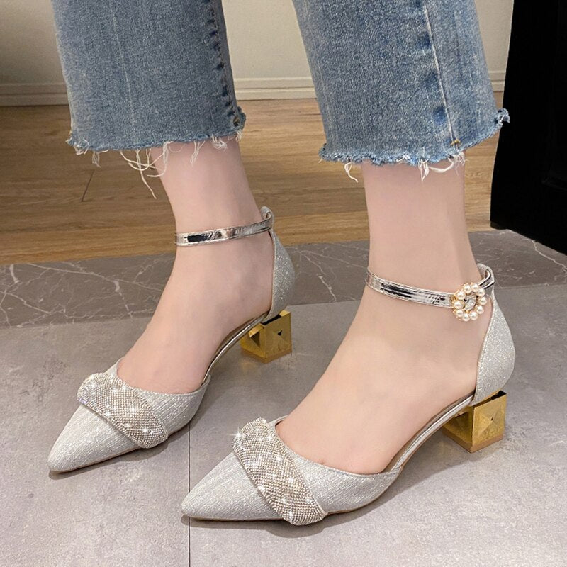 Bling Crystal High Heels Pumps Women Elegant Pearl Buckle Square Heels Wedding Party Shoes Ladies Pointed Toe Ankle Strap Pumps | TageUnlimited
