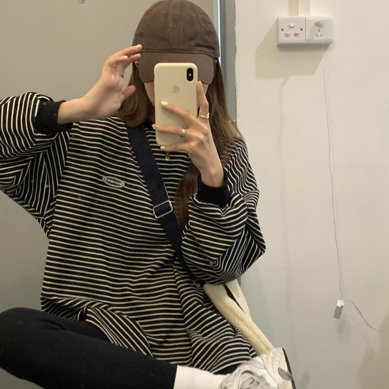 Popular Women T-shirts Striped Retro Comfort Slouchy Long Sleeve Tees Students Boyfriend Couple Trendy Females Tops Ulzzang Hot | TageUnlimited