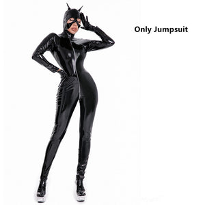 Women's Wet Look Shiny PU Faux Leather Jumpsuit Suit Long Sleeve Zipper Open Crotch Latex Bodysuit Clubwear Plus Size S-5XL | TageUnlimited