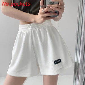 Waffle Women Shorts Hot Pants Sports Shorts Homewear Bottoms Solid Color Elastic Pockets Casual High Waisted Women Loose Short | TageUnlimited