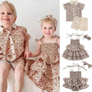 Brother and Sister Matching Outfits Summer Kids Baby Clothes Boys Short Sleeve Shorts Gentleman Suit Girls Dress Baby Romper | Kid's matching sets | TageUnlimited