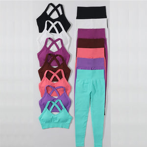 Summer Yoga Workout Outfits Set for Woman Running Tracksuit Clothes Gym Fitness Sports Leggings Pants Top Bra with Crisscross Ba | TageUnlimited
