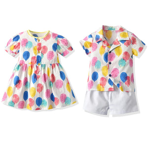 Summer Fashion Flower Kids Boy and Girl Matching Outfits Twin Brother Sister Hawaiian Print Toddler Boy Clothing Sets Tutu Dress