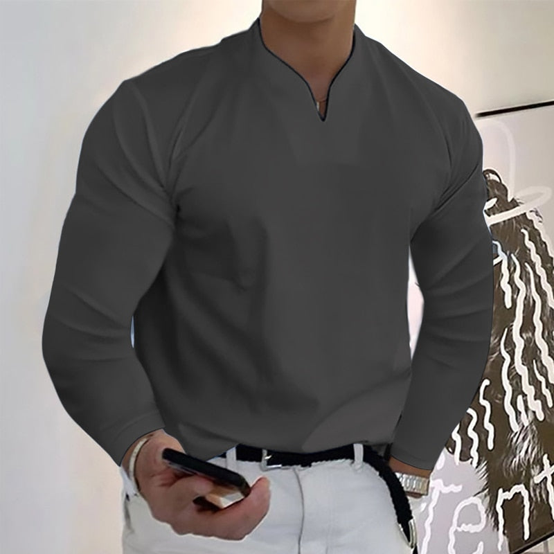 Men's Long Sleeve V-neck Solid Color T-shirt Elastic and Comfortable Loose Sports Shirt Polo Shirt Everyday Casual Wear S-2XL | TageUnlimited