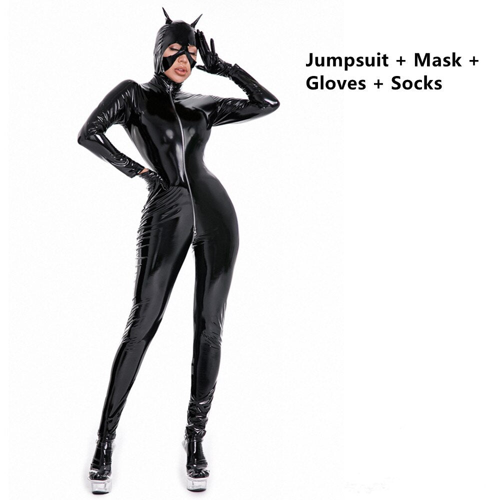 Women's Wet Look Shiny PU Faux Leather Jumpsuit Suit Long Sleeve Zipper Open Crotch Latex Bodysuit Clubwear Plus Size S-5XL | TageUnlimited