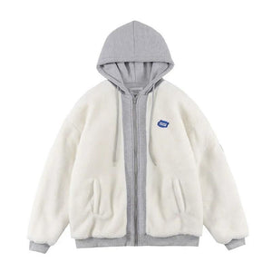 Winter Thick Warm Padded Women's Jackets Lambwool Patchwork Hoodies Solid Color Retro Loose Hooded Sweatshirt Sweater | TageUnlimited
