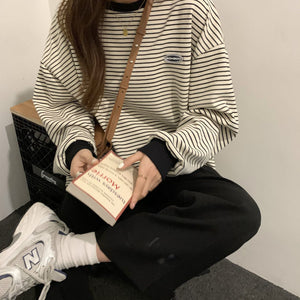 Popular Women T-shirts Striped Retro Comfort Slouchy Long Sleeve Tees Students Boyfriend Couple Trendy Females Tops Ulzzang Hot | TageUnlimited