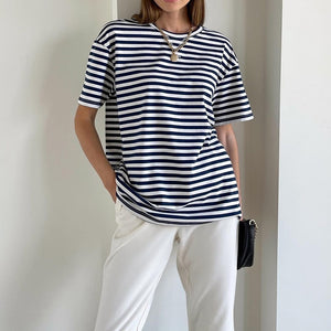 Summer Short Sleeve Striped T-Shirts Women Knitted Basic Casual Tops Female Cozy Loose Cotton Tees Harajuku Shirt | TageUnlimited