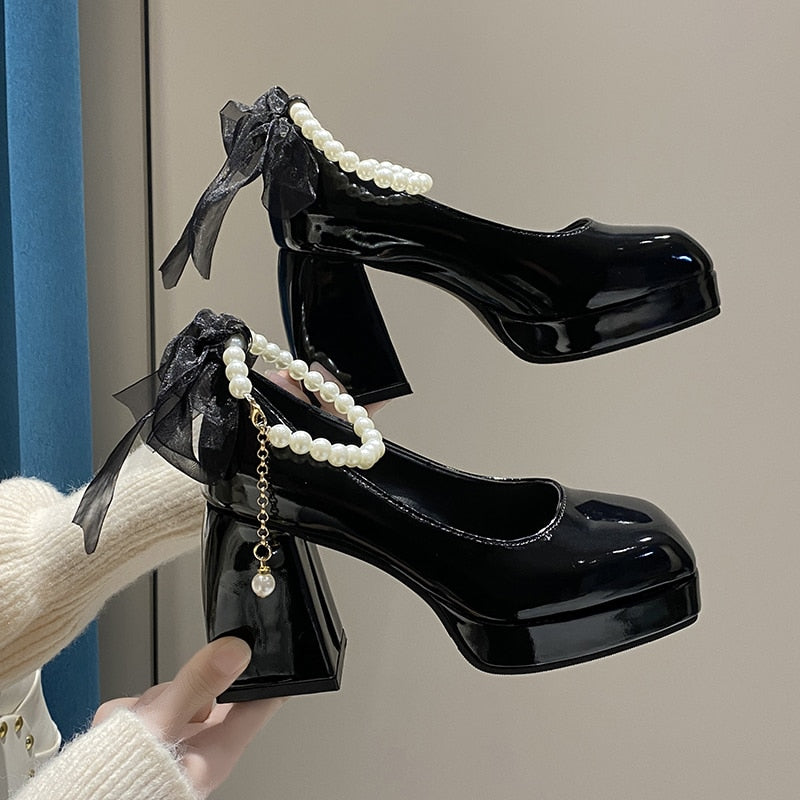 Ladies High Heels Elegant Bow Square Toe Black Fashion Women's Pumps Thick Heel Wedding Party Pearl Lace Wedding Shoes for Women | TageUnlimited