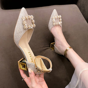Bling Crystal High Heels Pumps Women Elegant Pearl Buckle Square Heels Wedding Party Shoes Ladies Pointed Toe Ankle Strap Pumps | TageUnlimited