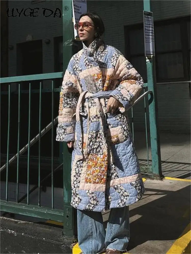Fashion Patchwork Printed Cotton Long Coat Women Belt Full Sleeve 2023 Autumn Trench Female Vintage Turn Down Collar Streetwear