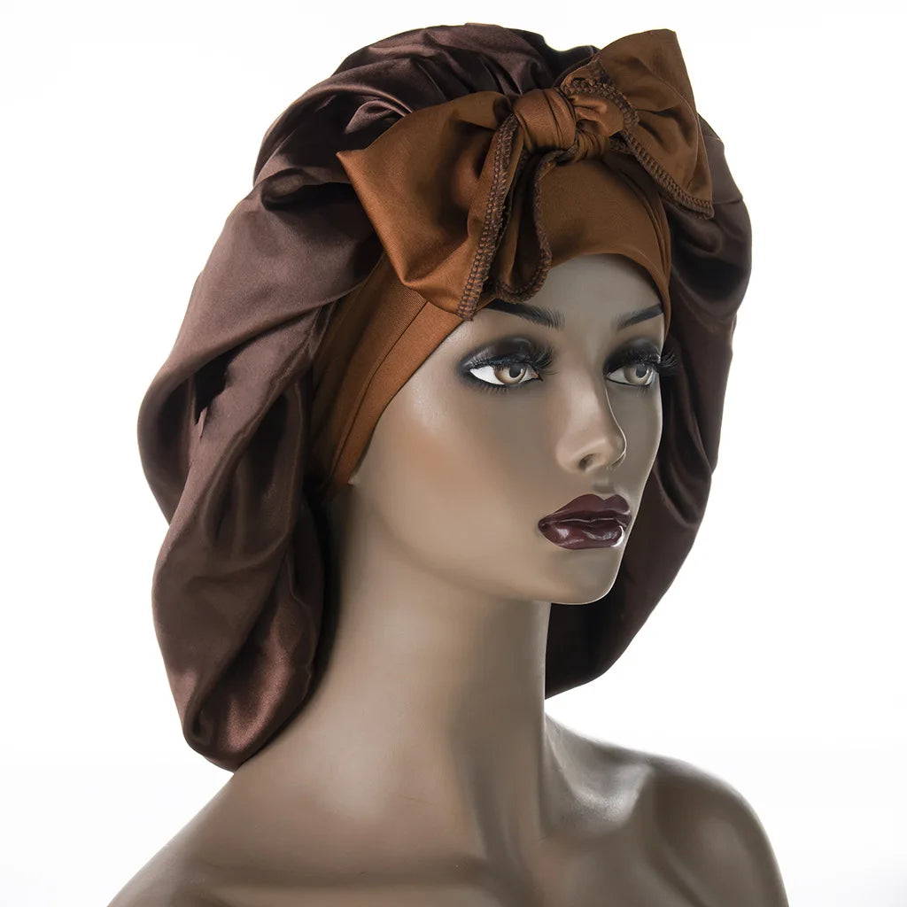Women Satin Widened Sleep Hat Night Sleep Cap with Long Streamer Hair Care Bonnet Nightcap Elastic Cap De Nuit Shower Turban