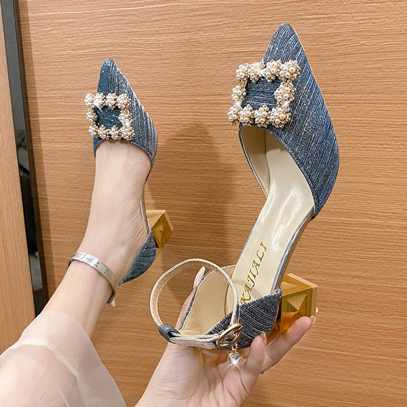 Bling Crystal High Heels Pumps Women Elegant Pearl Buckle Square Heels Wedding Party Shoes Ladies Pointed Toe Ankle Strap Pumps | TageUnlimited