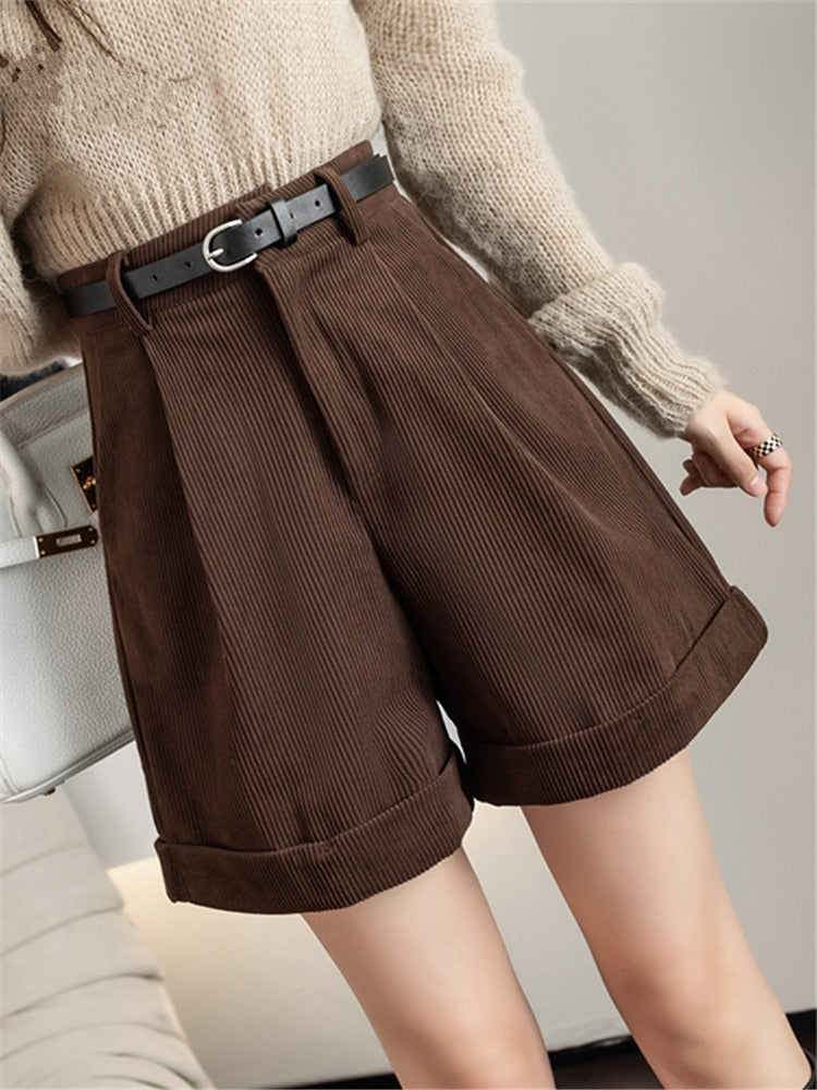Seoulish New Corduroy Women Cargo Shorts with Belted Autumn Winter High Waist Wide Leg Shorts Vintage Female Trousers | TageUnlimited
