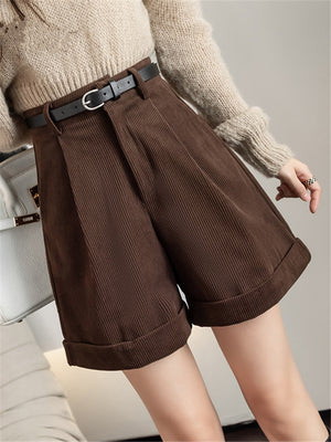 Seoulish New Corduroy Women Cargo Shorts with Belted Autumn Winter High Waist Wide Leg Shorts Vintage Female Trousers | TageUnlimited