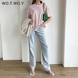 Summer Short Sleeve Striped T-Shirts Women Knitted Basic Casual Tops Female Cozy Loose Cotton Tees Harajuku Shirt | TageUnlimited