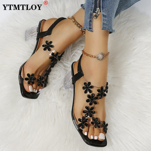 Summer Women Sandals Pvc Crystal Flower Decoration Chunky Heel Peep Toe Back Strap Elastic Band Elegant Fashion Shoes Ladies | TageUnlimited
