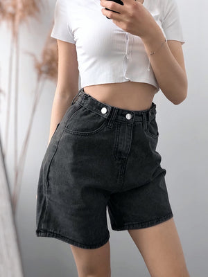 Women High Waist Button Wigh Leg Jeans Shorts Casual Female Loose Fit Blue Denim Shorts | TageUnlimited