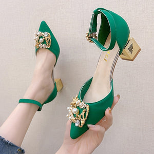 Bling Crystal High Heels Pumps Women Elegant Pearl Buckle Square Heels Wedding Party Shoes Ladies Pointed Toe Ankle Strap Pumps | TageUnlimited