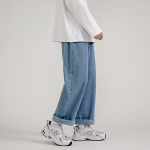 Korean Fashion Men Baggy Jeans Classic All-match Solid Color Straight-leg Denim Wide-leg Pants Male Light Blue Grey Black | TageUnlimited