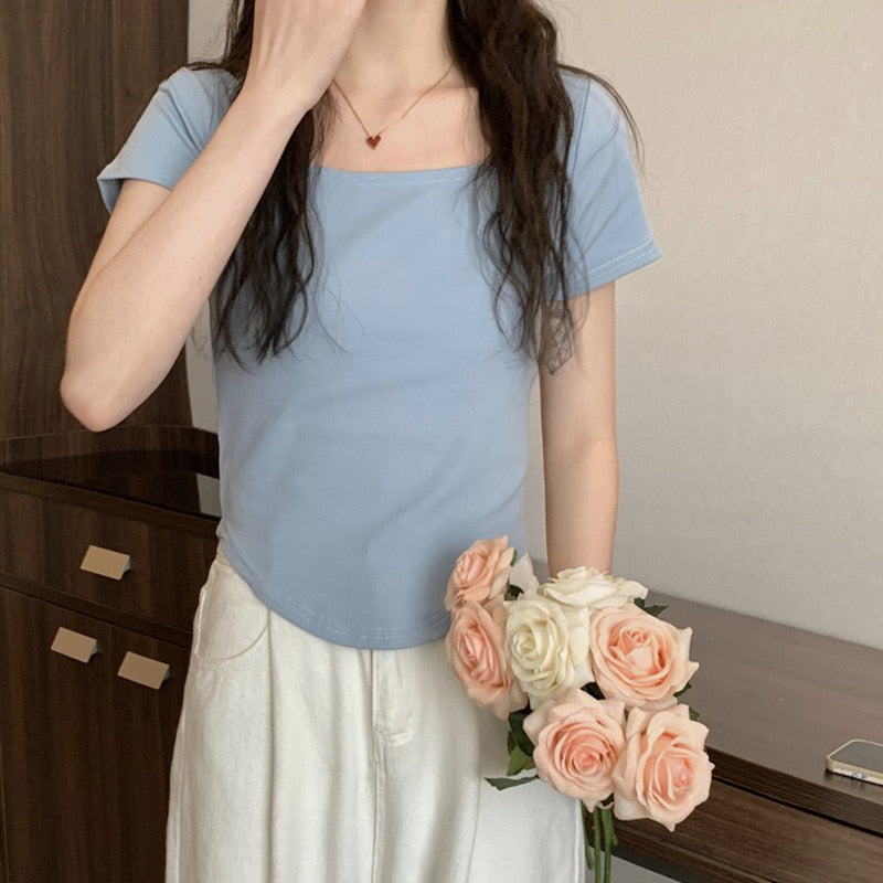 Women Long Sleeve Square Neck T-Shirt Spring And Autumn New Irregular Hem Slim Casual Top Girl Bottom Shirts | TageUnlimited