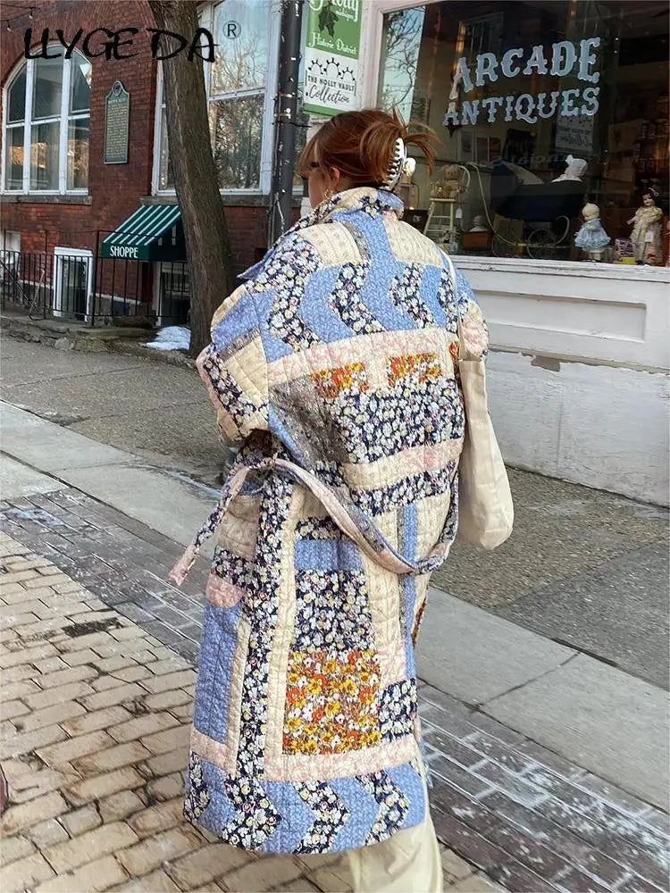 Fashion Patchwork Printed Cotton Long Coat Women Belt Full Sleeve 2023 Autumn Trench Female Vintage Turn Down Collar Streetwear