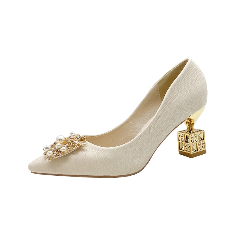 Autumn New Ladies High Heels Pointed Toe Shaped Heel High 5cm and 7cm Wedding Shoes Square Buckle Travel Banquet Shoe High Heels | TageUnlimited