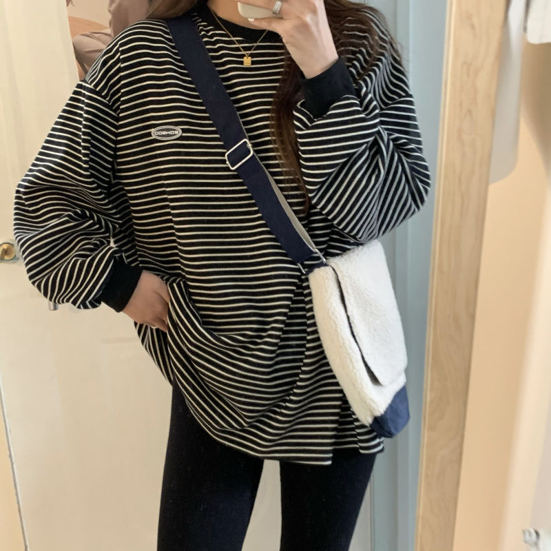 Popular Women T-shirts Striped Retro Comfort Slouchy Long Sleeve Tees Students Boyfriend Couple Trendy Females Tops Ulzzang Hot | TageUnlimited