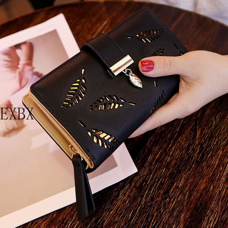 EXBX Women Wallet Hollow Golden Leaf Buckle Wallet PU Leather Purse Female Long Wallet for Women Coin Purse Card Holders Clutch | TageUnlimited