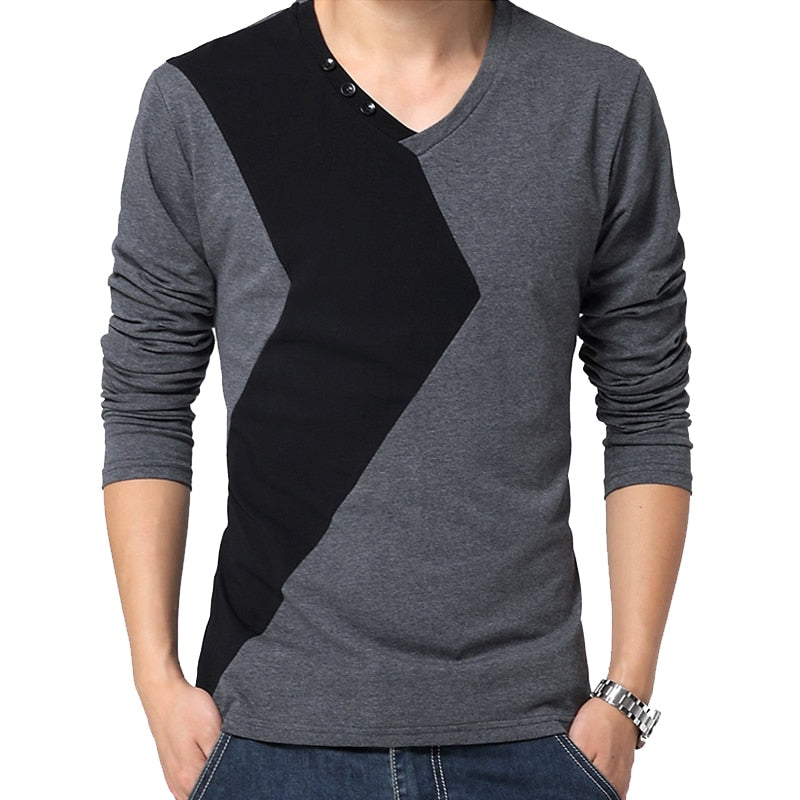 BROWON Brand Autumn Mens T Shirts Fashion  Streetwear Long Sleeve V Neck Color Patchwork Cotton T Shirt Men | TageUnlimited