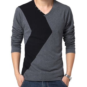 BROWON Brand Autumn Mens T Shirts Fashion  Streetwear Long Sleeve V Neck Color Patchwork Cotton T Shirt Men | TageUnlimited