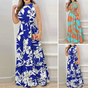Women Maxi Dress Women Fashion Print Dress Fashionable Women's Sleeveless Maxi Dress with Loose Ruffle Stitching Hem for Summer