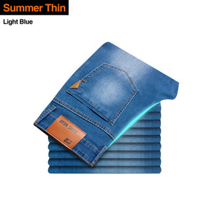 Brother Wang Classic Style Men Brand Jeans Business Casual Stretch Slim Denim Pants Light Blue Black Trousers Male | TageUnlimited