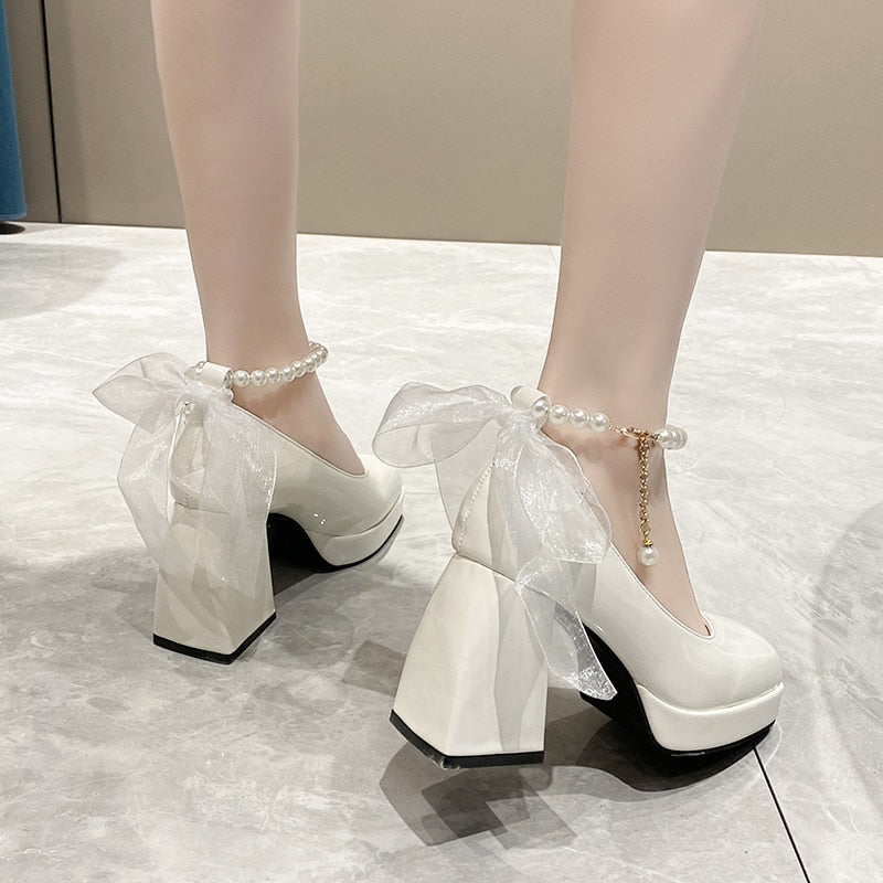 Ladies High Heels Elegant Bow Square Toe Black Fashion Women's Pumps Thick Heel Wedding Party Pearl Lace Wedding Shoes for Women | TageUnlimited