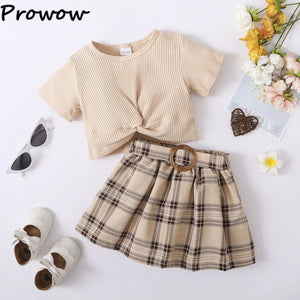 2-6Y Sister Brother Matching Clothes Outfit Solid T-shirt+Belted Plaid Skirts Set Summer Kids Twins Clothes For Boy Girls
