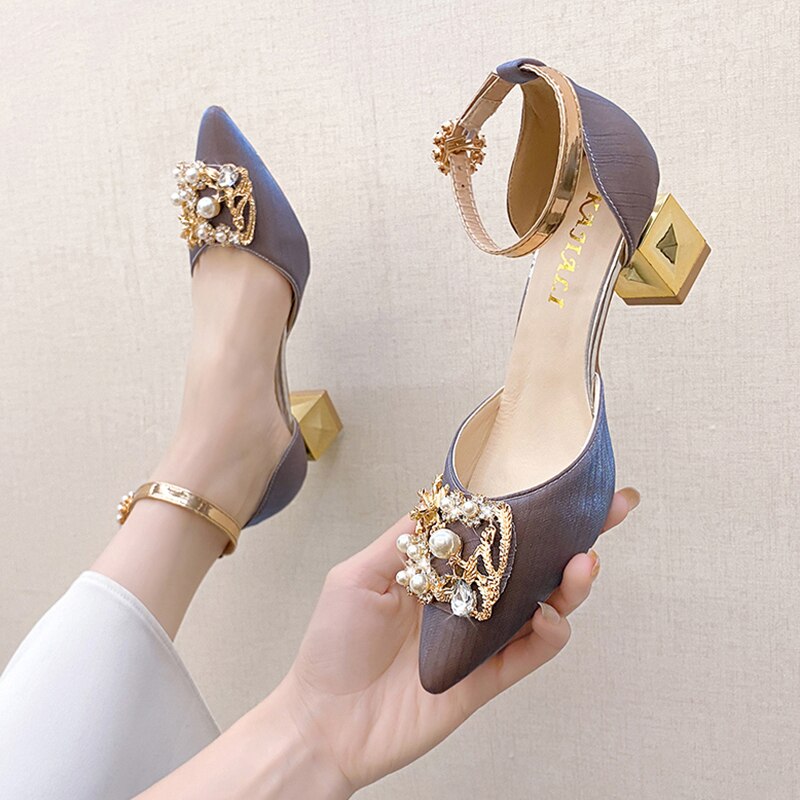 Bling Crystal High Heels Pumps Women Elegant Pearl Buckle Square Heels Wedding Party Shoes Ladies Pointed Toe Ankle Strap Pumps | TageUnlimited