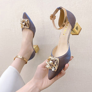 Bling Crystal High Heels Pumps Women Elegant Pearl Buckle Square Heels Wedding Party Shoes Ladies Pointed Toe Ankle Strap Pumps | TageUnlimited