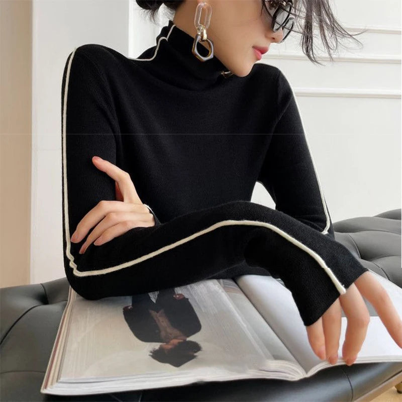 Pullovers Women Striped Turtleneck Warm Knitted Sweaters Autumn Y2K Elegant Korean Office Ladies Simple Design Bottom Jumpers