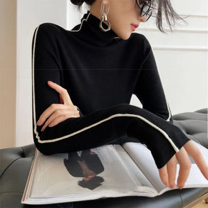 Pullovers Women Striped Turtleneck Warm Knitted Sweaters Autumn Y2K Elegant Korean Office Ladies Simple Design Bottom Jumpers