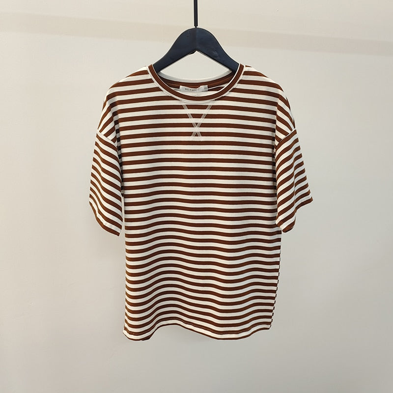 Summer Short Sleeve Striped T-Shirts Women Knitted Basic Casual Tops Female Cozy Loose Cotton Tees Harajuku Shirt | TageUnlimited