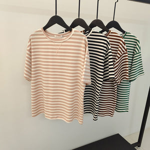Summer Short Sleeve Striped T-Shirts Women Knitted Basic Casual Tops Female Cozy Loose Cotton Tees Harajuku Shirt | TageUnlimited