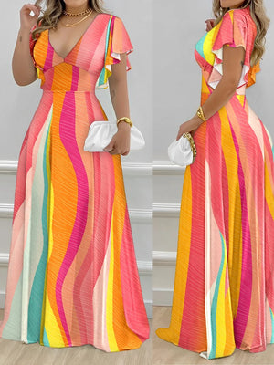 Elegant Women's Dresses Summer Fashion Split Sleeve Pearls Decor Plants Print Split Sleeve Casual V-Neck Half Sleeve Maxi Dress