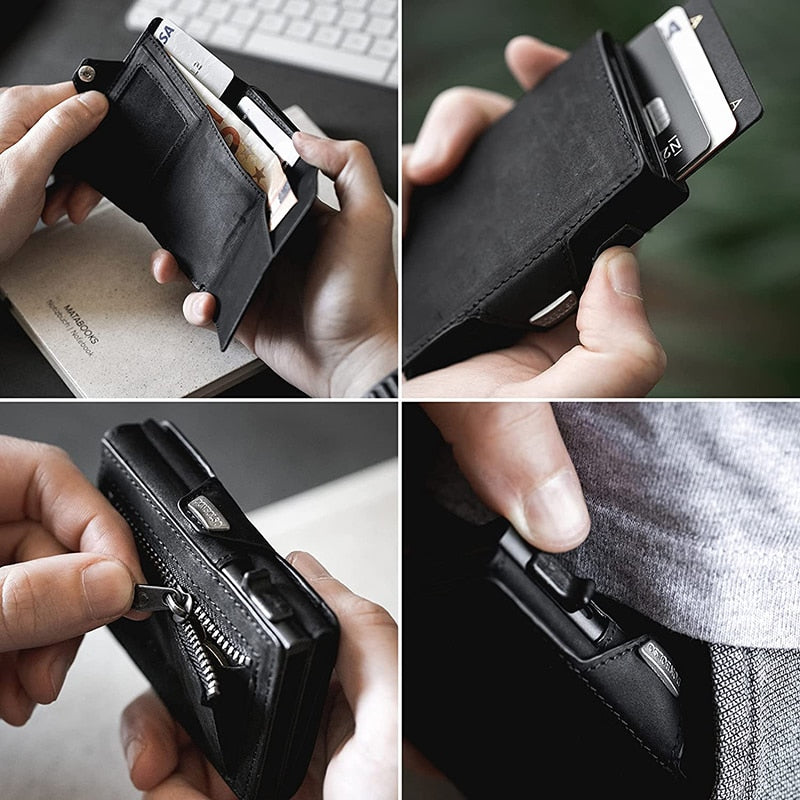 Vintage Crazy Horse Leather Men Wallets Luxury  RFID Protection Mini Metal Wallet  Zipper Coin Pocket  for Men and Women | TageUnlimited
