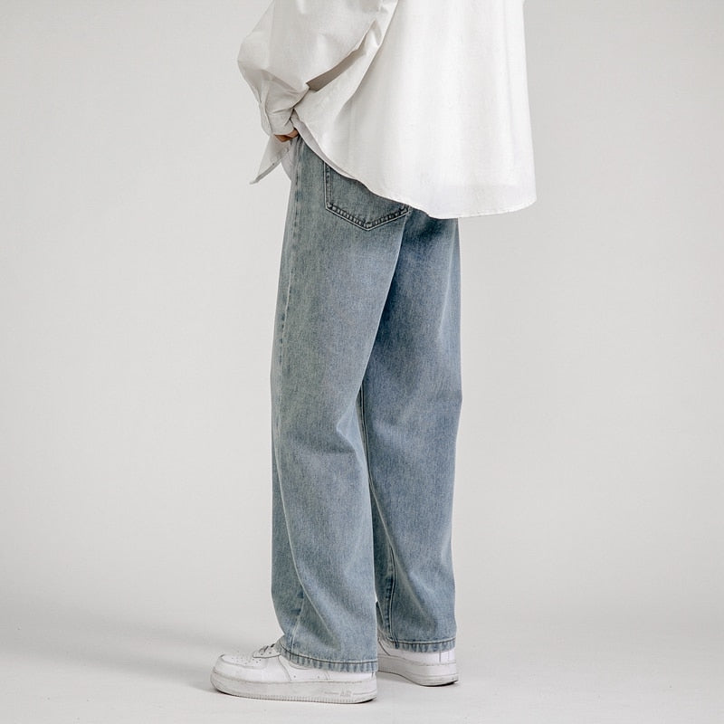 Korean Fashion Men Baggy Jeans Classic All-match Solid Color Straight-leg Denim Wide-leg Pants Male Light Blue Grey Black | TageUnlimited