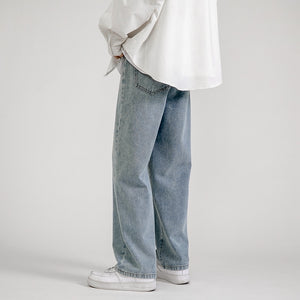 Korean Fashion Men Baggy Jeans Classic All-match Solid Color Straight-leg Denim Wide-leg Pants Male Light Blue Grey Black | TageUnlimited