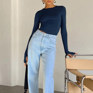 Long Sleeve Y2K Slim Fit Shirt Women Casual Streetwear Basic Tee Fashion Cropped Tops O Neck Sexy Skinny Solid Ladies T Shirts | TageUnlimited