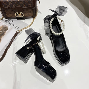 Ladies High Heels Elegant Bow Square Toe Black Fashion Women's Pumps Thick Heel Wedding Party Pearl Lace Wedding Shoes for Women | TageUnlimited