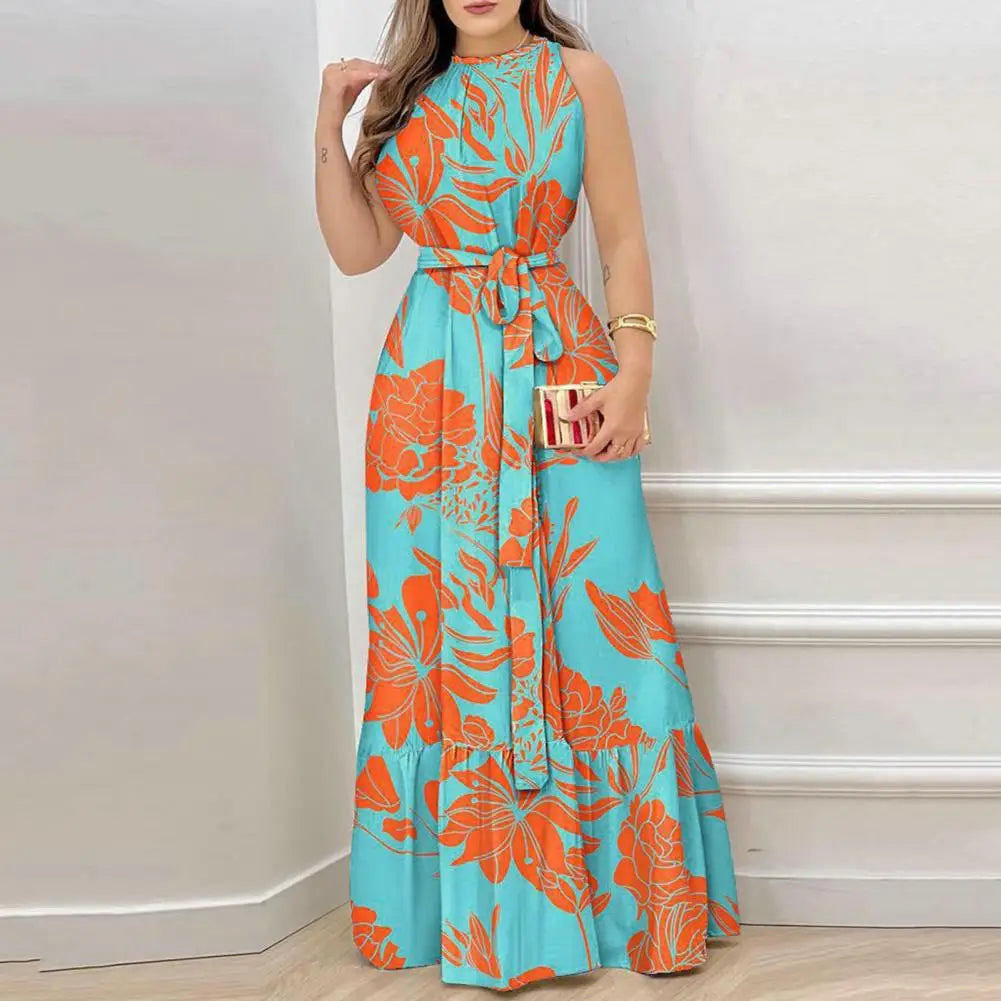 Women Maxi Dress Women Fashion Print Dress Fashionable Women's Sleeveless Maxi Dress with Loose Ruffle Stitching Hem for Summer