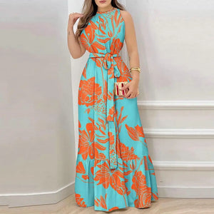 Women Maxi Dress Women Fashion Print Dress Fashionable Women's Sleeveless Maxi Dress with Loose Ruffle Stitching Hem for Summer